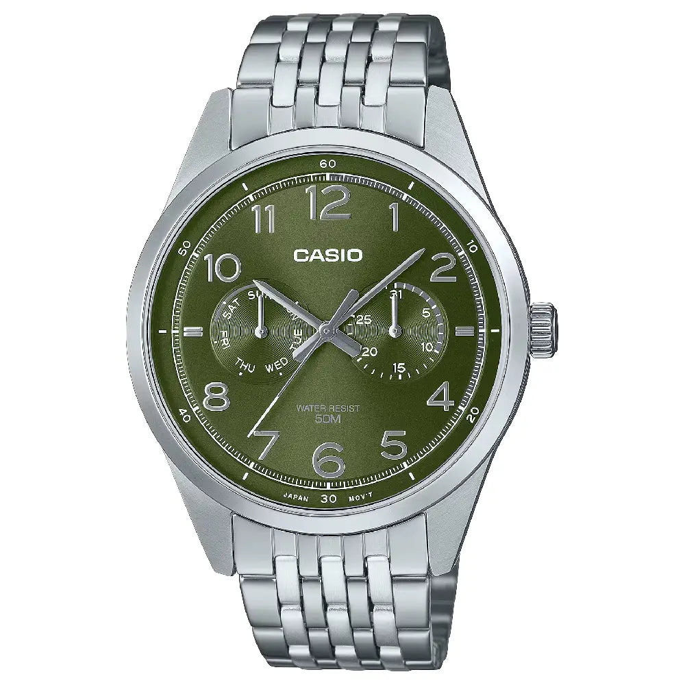 Casio Enticer Multi-Hand MTP-E340D-3A Green Dial 42mm Stainless Steel Men's Watch