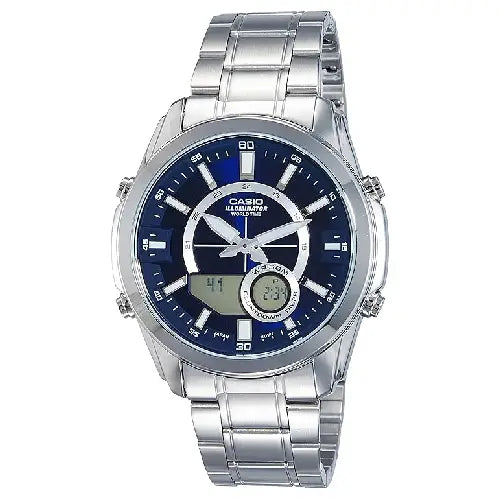 Casio Analog-Digital World Time AMW-810D-2AVDF Blue Dial Stainless Steel Men's Watch