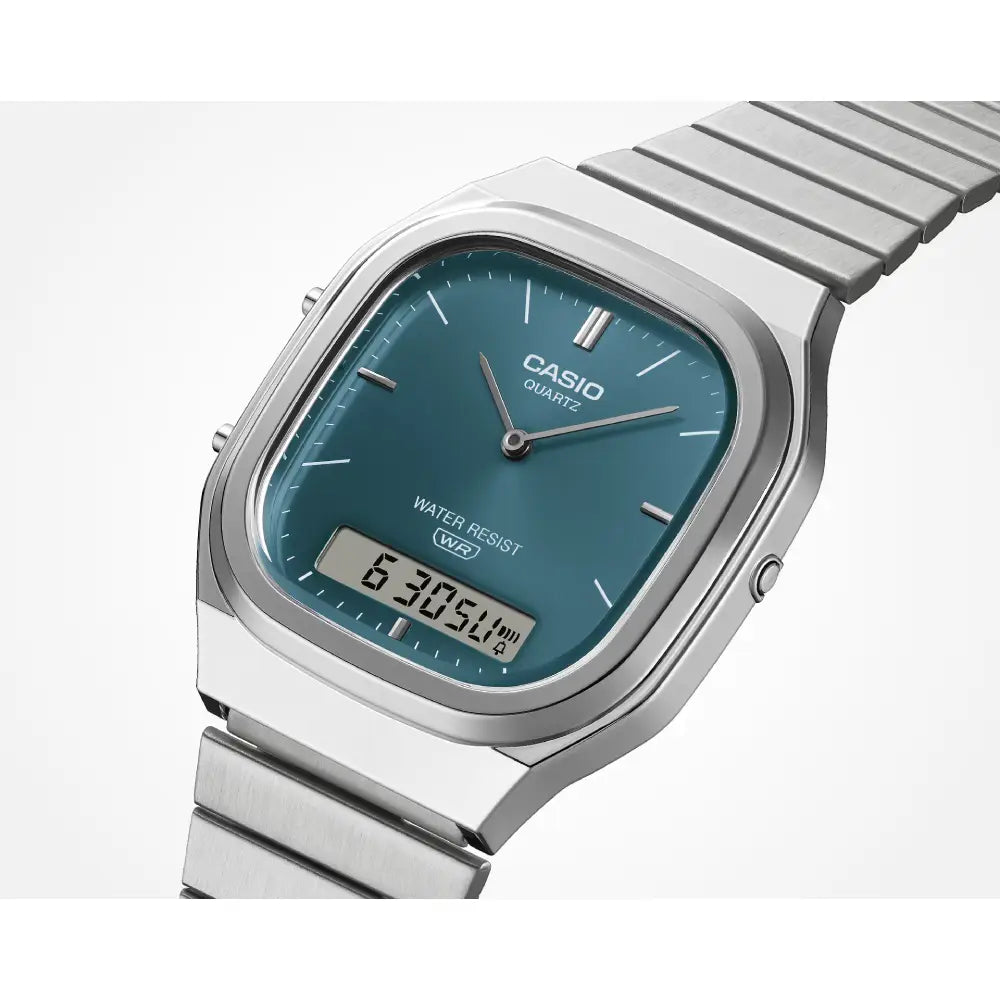 Casio Analog-Digital Vintage AQ-240E-3ADF Green Dial Stainless Steel Men's Watch