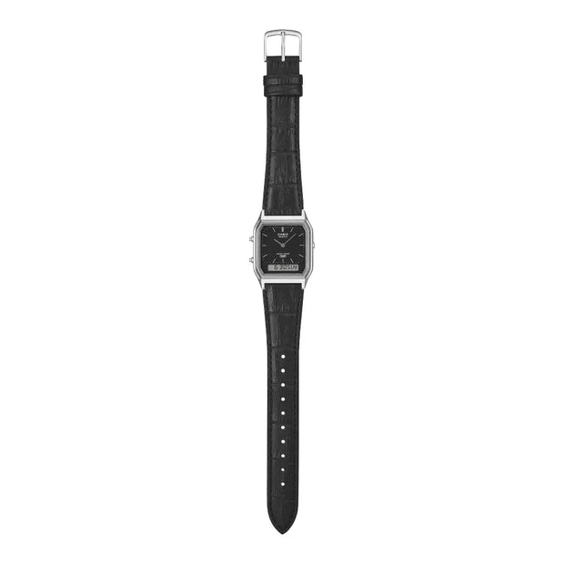 Casio Vintage Analog-Digital AQ-230EL-1ADF Black Dial Black Leather Strap Men's Watch