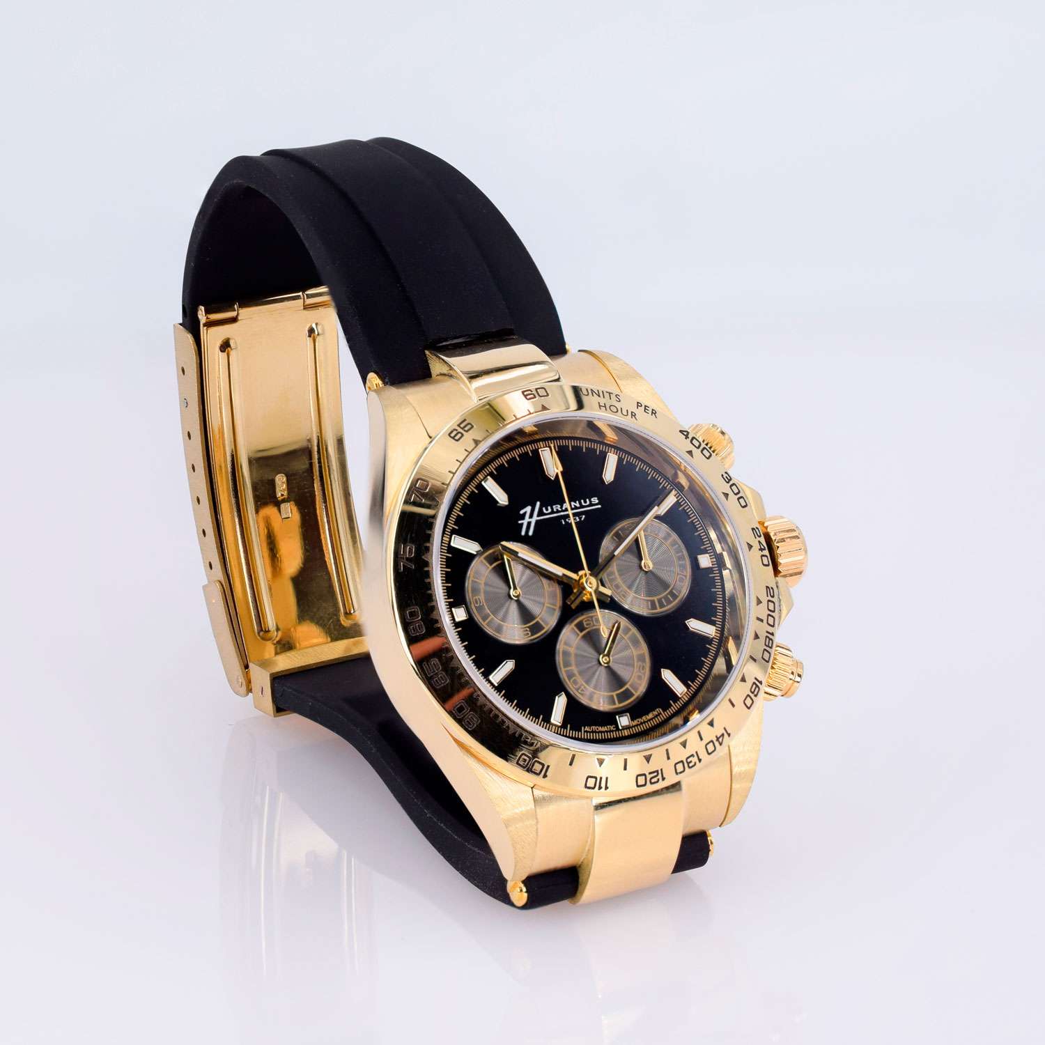 Huranus Chronograph Black Dial – 18k Gold & Rubber Strap