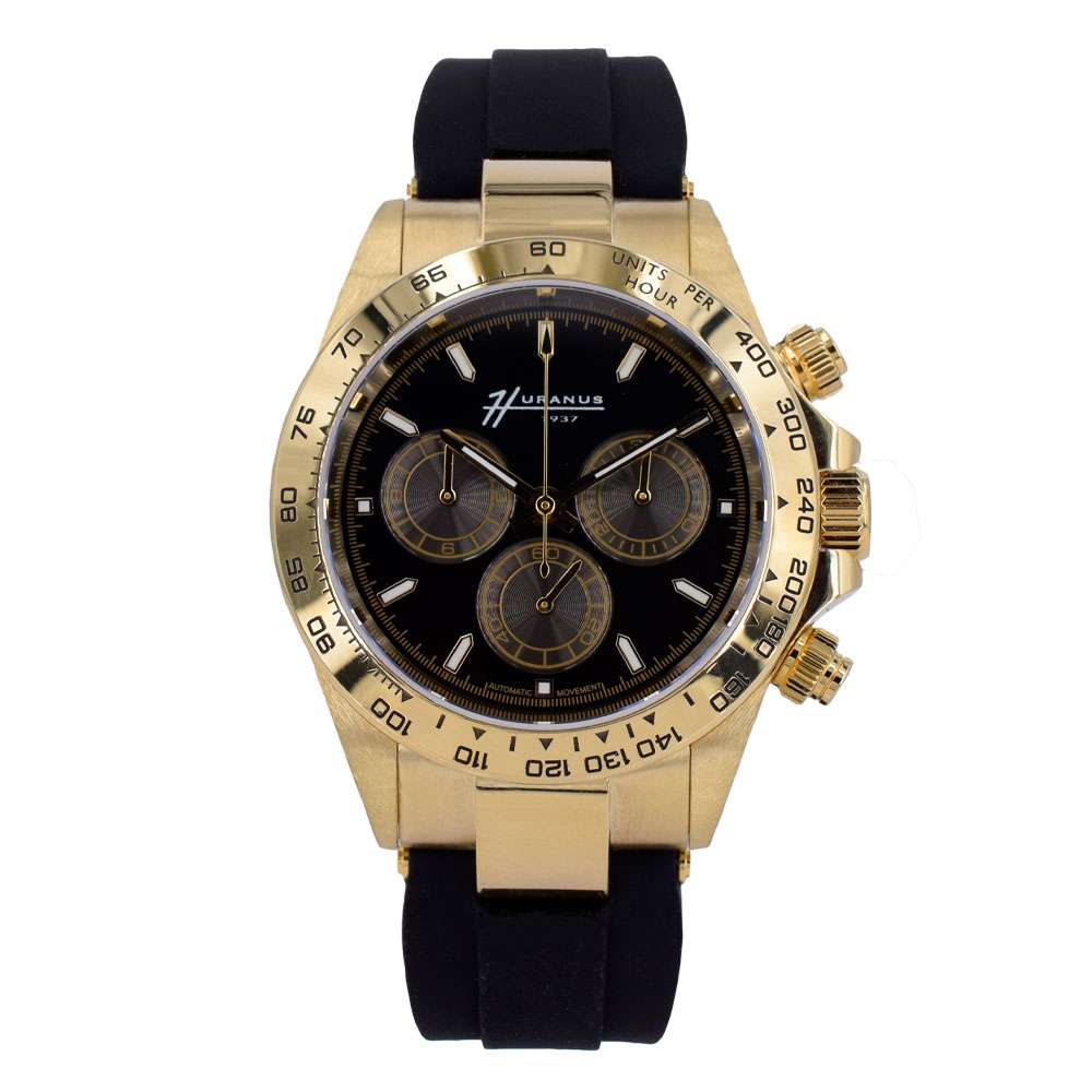 Huranus Chronograph Black Dial – 18k Gold &amp; Rubber Strap