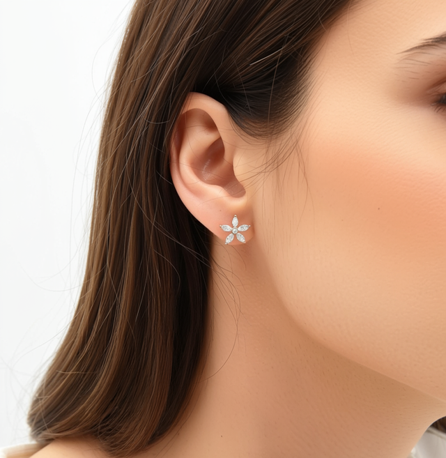 18K Yellow Gold Floral Marquise Lab-Grown Diamond Stud Earrings – 0.90ct.