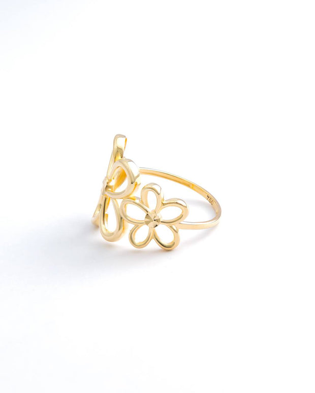 18K Yellow Gold Double Flower Openwork Ring