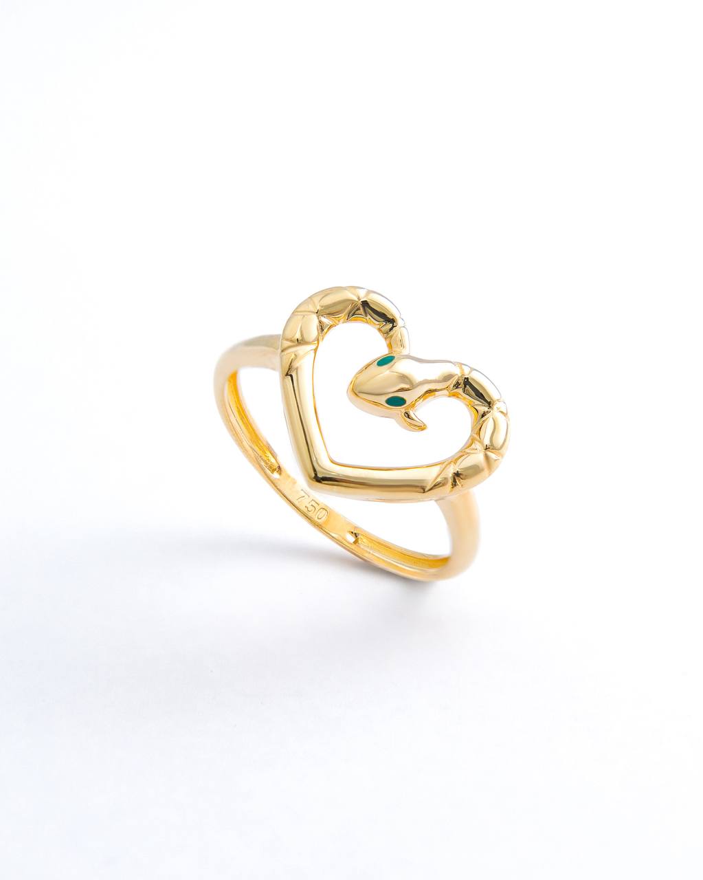 18K Yellow Gold Serpent Heart Ring with Emerald Eyes