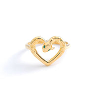 18K Yellow Gold Serpent Heart Ring with Emerald Eyes