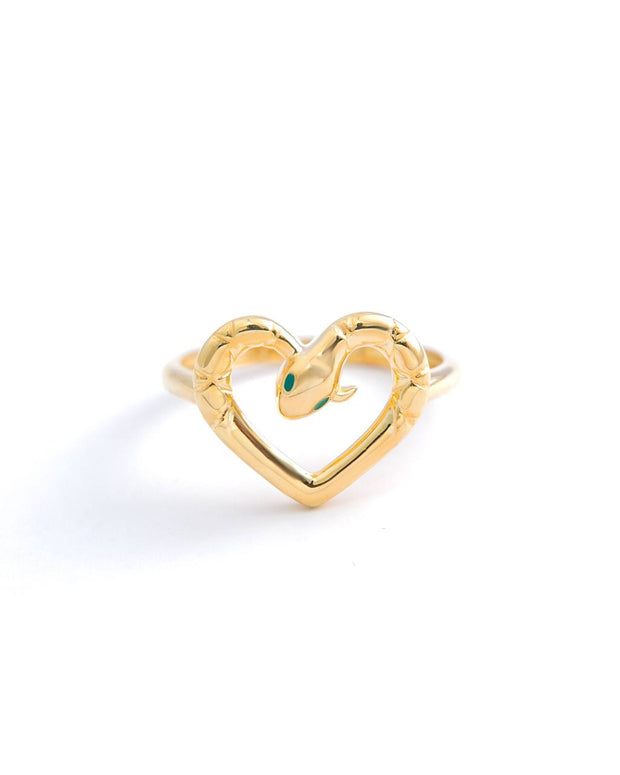 18K Yellow Gold Serpent Heart Ring with Emerald Eyes