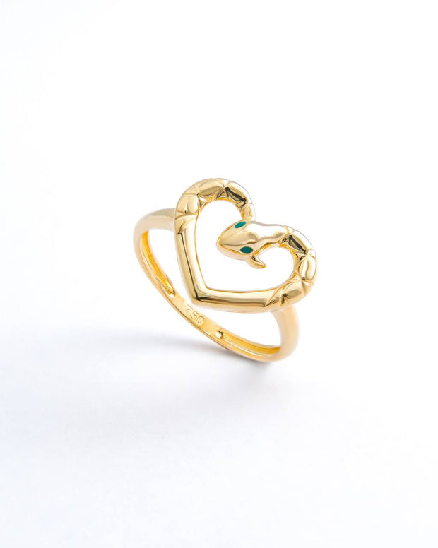 18K Yellow Gold Serpent Heart Ring with Emerald Eyes