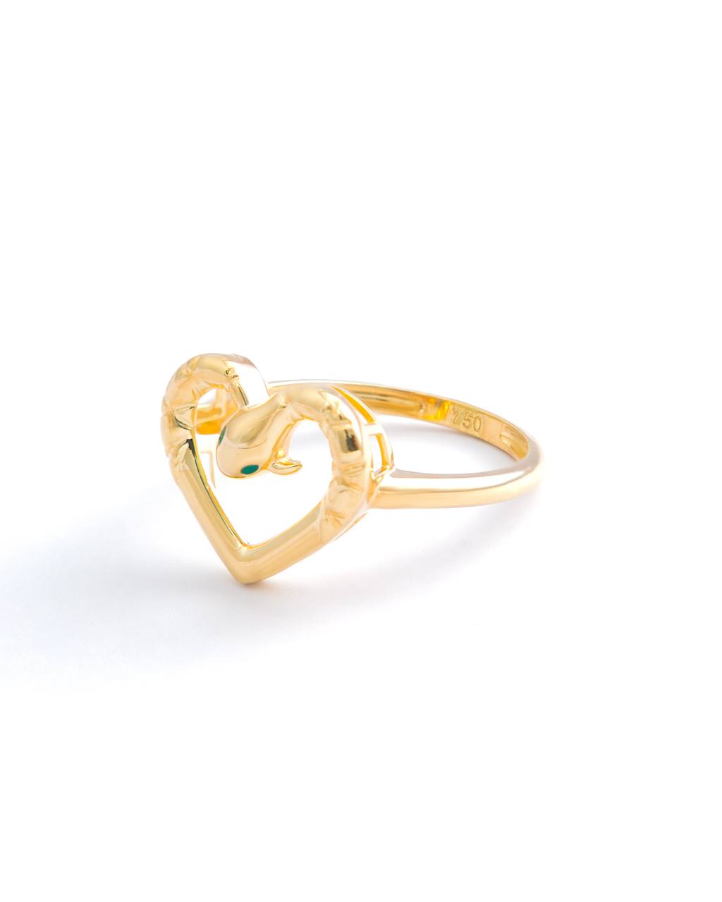 18K Yellow Gold Serpent Heart Ring with Emerald Eyes